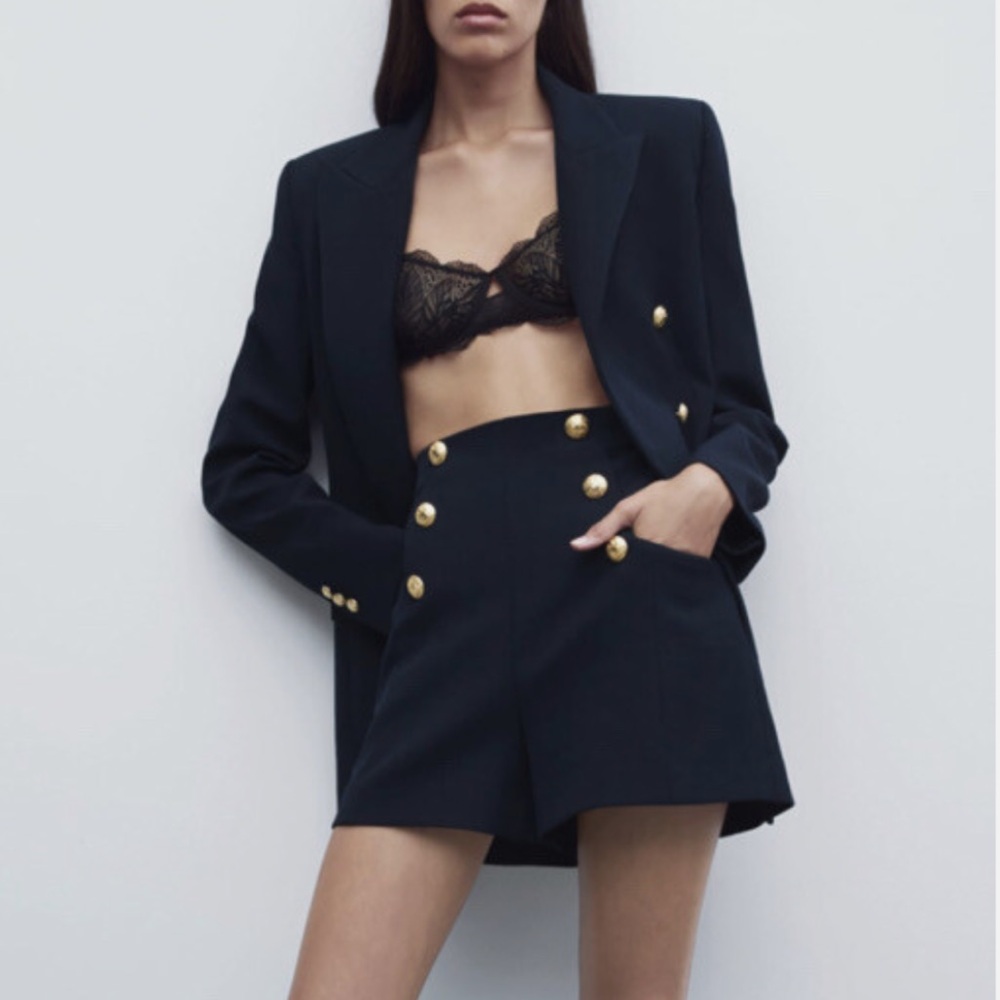 ZARA Nautical Navy Blue Gold Button High Waist Bermuda Shorts Size S Small